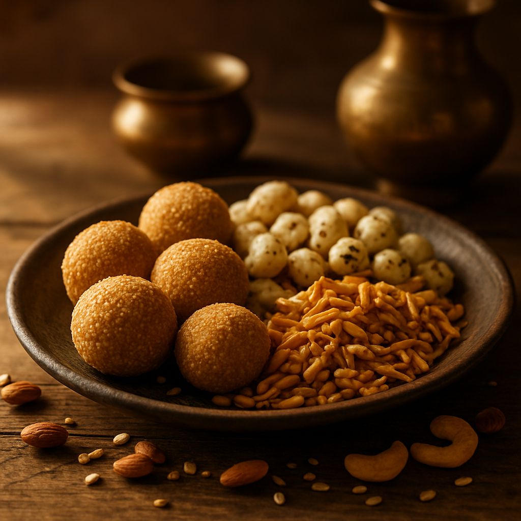 Premium presentation of handcrafted Roma Veda snacks - millet ladoos, makhana, and namkeens with traditional heritage aesthetic