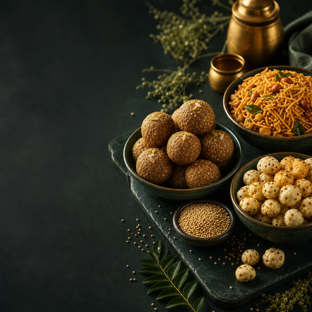 An artful arrangement of Roma Veda millet ladoos, makhana and namkeen on a rustic wooden table
